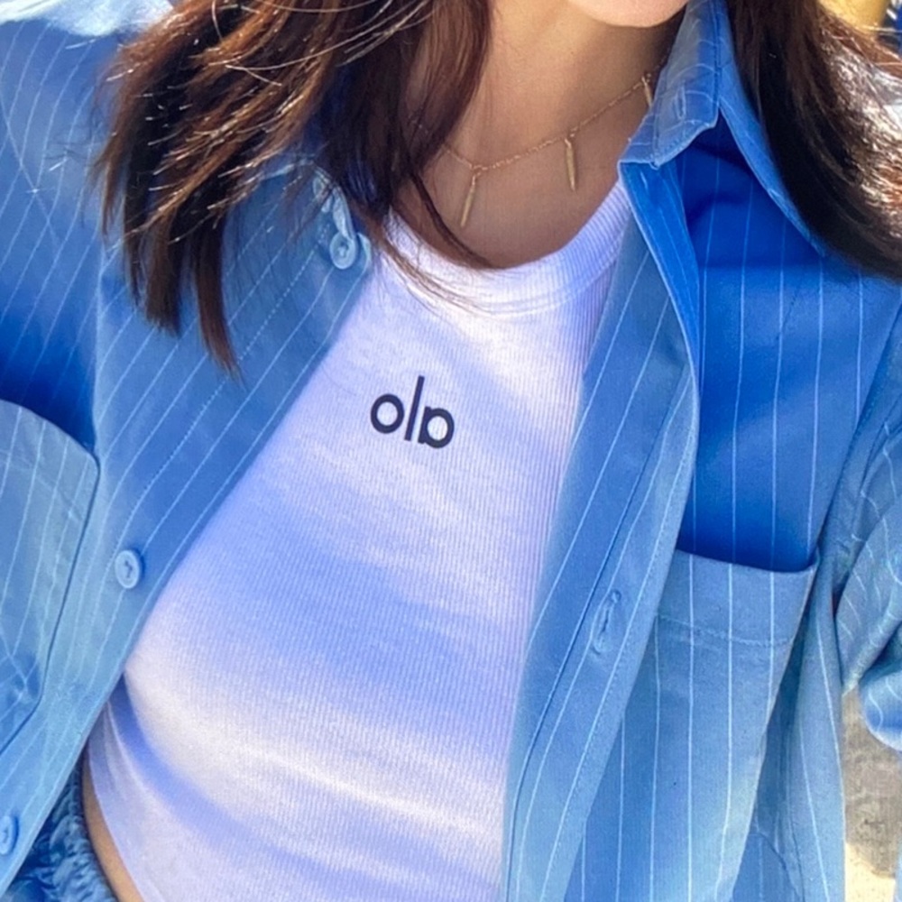 ALO Yoga Blue Pinstripe Button-Up with White Ribbed Tank - Picture 3 of 7